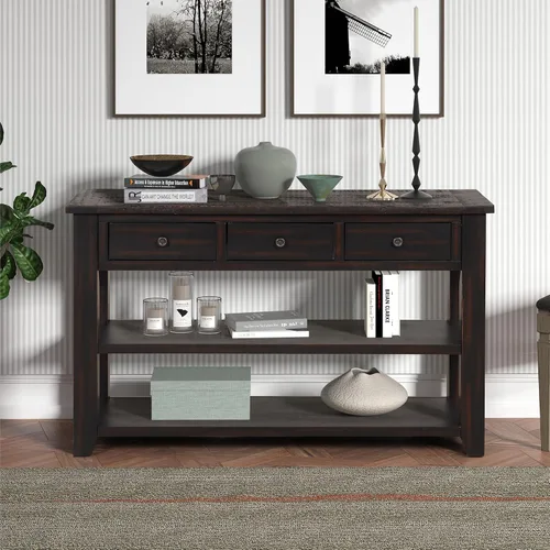 Miniatura 9 de RuiSiSi Mesa consola de 48 pulgadas con 3 cajones y 2 estantes, mesa de sofá de madera de granja para sala de estar, entrada, pasillo, color blanco