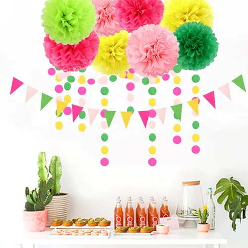 Miniatura 7 de Decoraciones para fiesta en la piscina de Hawái - Serpentinas - 35 pompones de pañuelo, suministros de cumpleaños tropicales, guirnalda de borlas