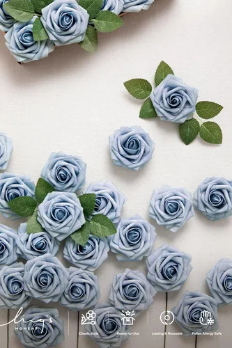 Miniatura 7 de Ling's moment Flores Artificiales 25 Piezas Rosas de Provenza Decorativas con Tallos, 3" Tacto Real Espuma Floral DIY para Ramo de Boda/Centros