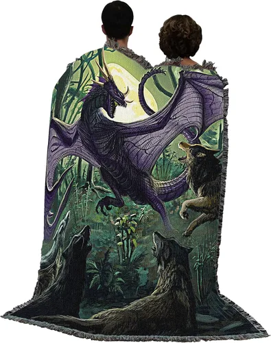 Miniatura 3 de Pure Country Weavers Manta de dragón y lobos, tapiz de regalo de fantasía tejida de algodón, fabricada en los Estados Unidos (72 x 54 pulgadas)