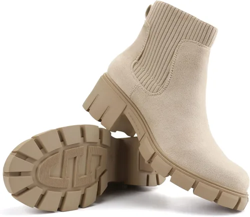 Miniatura 6 de JABASIC Botas de tobillo gruesas para mujer, botas Chelsea elásticas