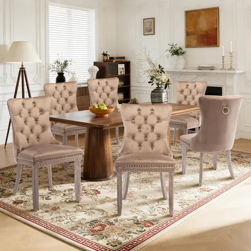 Miniatura 109 de Juego de 4 sillas de comedor de terciopelo, sillas de comedor tapizadas con ribete de cabeza de clavo y patas de madera maciza para cocina