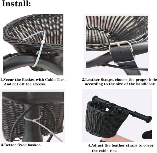 Miniatura 7 de Cesta para bicicleta, cesta de almacenamiento frontal para manillar con correas de cuero ajustables, accesorios de bicicleta, tejida a mano