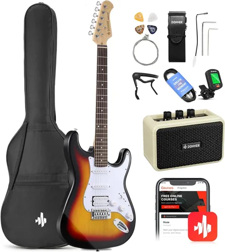 Miniatura 11 de Donner Kit de guitarra eléctrica de 39 pulgadas, cuerpo sólido, Sunburst, para zurdos, principiantes, tamaño completo, con amplificador, lección
