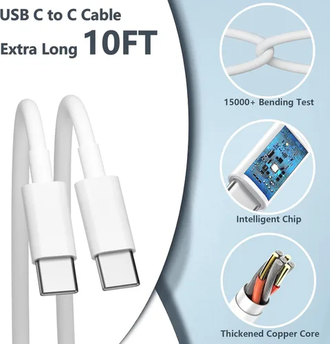 Miniatura 7 de Cargador de carga rápida de 10 pies para iPhone 17, 16, 15, cable largo USB C a C con bloque de carga rápida de teléfono tipo C de 20 W para iPhone
