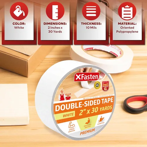 Miniatura 3 de XFasten Cinta adhesiva de doble cara, blanca, extraíble y sin residuos, 2 pulgadas x 30 yardas, cinta adhesiva de dos caras segura para superficies