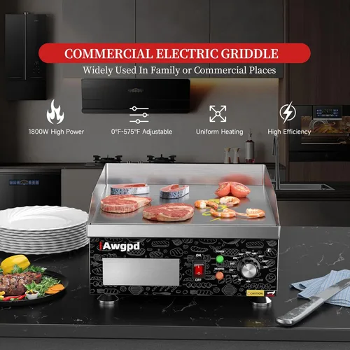 Miniatura 6 de Plancha eléctrica comercial de 14 pulgadas, plancha eléctrica de encimera plana, parrilla eléctrica superior plana de 110 V 1800 W, parrilla