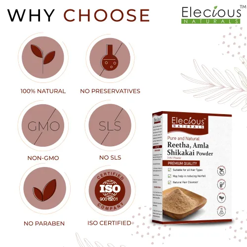 Miniatura 5 de Elecious Naturals Amla, Reetha, Shikakai Polvo para el cabello 3 en 1 Limpiador natural del cabello 100% natural, sin químicos, sin conservantes