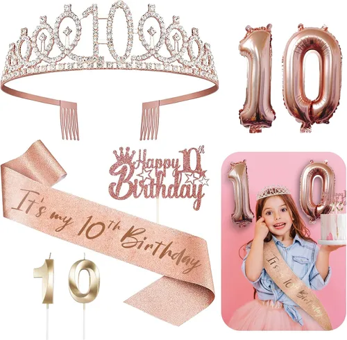 Decoraciones de cumpleaños de 10 años para ella, 5 piezas de regalo, incluyendo corona de tiara de décimo, banda, decoración de pasteles, globos,