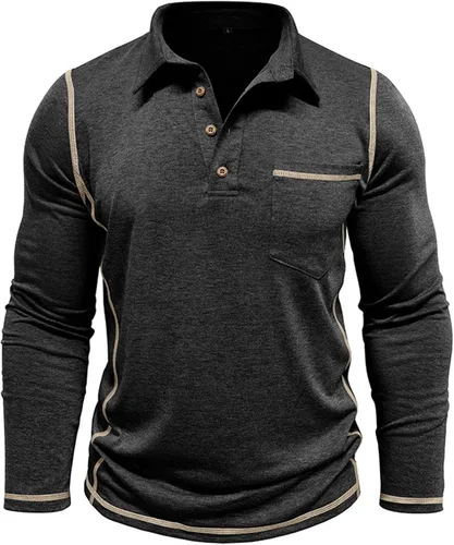 Miniatura 3 de Polo para hombre, manga larga, cuello clásico, algodón, botón básico, elegante, con bolsillo en el pecho