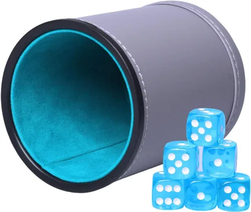 Miniatura 5 de Juego de tazas de dados de piel sintética y forro de fieltro, agitación silenciosa para juegos de dados Yahtzee Farkle Liars, incluye seis dados