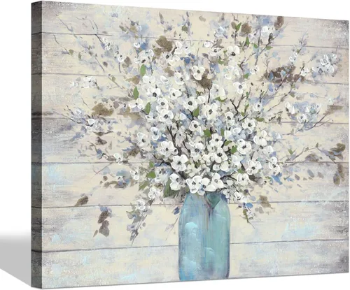 Lienzo abstracto de flores para pared: imagen floral en tarro de masón, pintura con estampado de flores blancas para baño, dormitorio, decoración