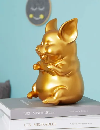 Miniatura 8 de HAUCOZE Alcancía para monedas, estatua de cerdo, escultura moderna, decoración del hogar, dormitorio, arte, regalo, poliresina, oro, 8.3 pulgadas