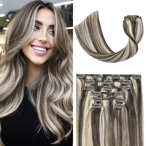 Miniatura 15 de UGOTRAYS Extensiones de cabello humano real de color rubio fresa a rubio decolorado, 12 pulgadas, lacio, doble trama, cabello Remy con clip, 2.47