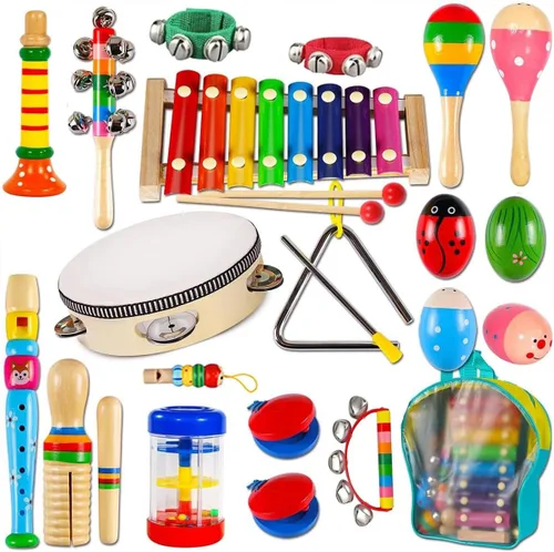 Instrumentos musicales para niños, instrumentos de percusión de madera para niños pequeños, pandereta, xilófono, juguetes para niños y niñas,