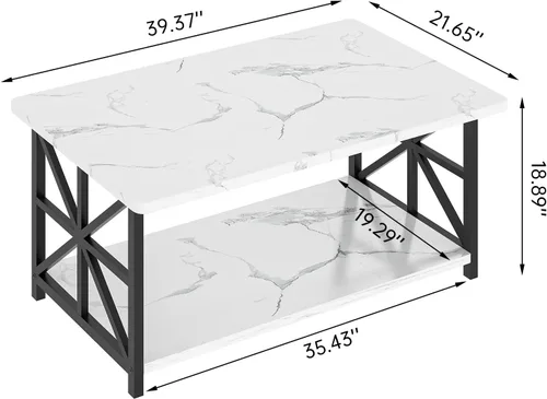 Miniatura 2 de AWQM Mesa de Centro de Mármol Sintético para Sala de Estar con Esquinas Redondas, Mesa de Sala de Estar de 2 Niveles con Estante de Almacenamiento