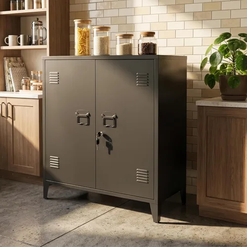 Miniatura 7 de Gabinete de almacenamiento de metal 35.4 "H Armario de almacenamiento con bloqueo Con 2 estantes y puertas ajustables, pequeño armario