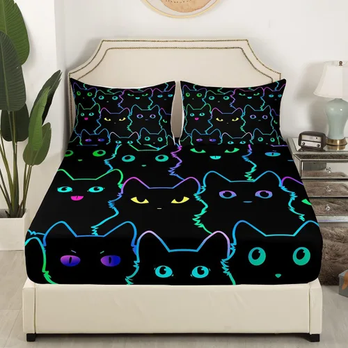 Miniatura 3 de Erosebridal Juego de ropa de cama para niños, sábanas kawaii con diseño de gato, tamaño individual, juego de cama de 3 piezas con 1 sábana bajera, 1