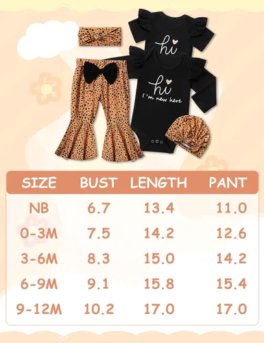 Miniatura 6 de ADIFUN Ropa de bebé niña, 4 piezas de trajes de niña recién nacida, mameluco con volantes, parte inferior acampanada, diadema, bandana, conjuntos