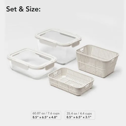 Miniatura 7 de GENICOOK Contenedores de almacenamiento de vidrio para refrigerador, paquete de 2 – Recipientes herméticos para frutas y verduras con coladores