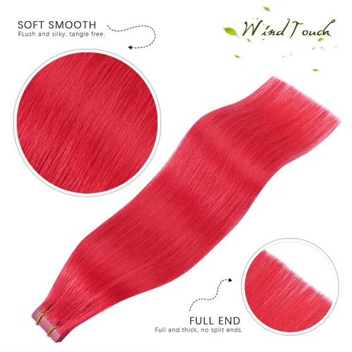 Miniatura 4 de WindTouch Extensiones de cabello humano con cinta adhesiva, color rojo, 20 unidades, 14 pulgadas, #rojo, 1.06 oz