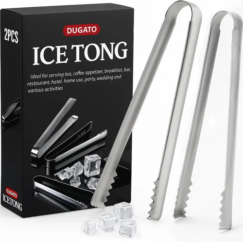 DUGATO Pinzas de cóctel de acero inoxidable (paquete de 2, 6.3 pulgadas), pinzas de hielo de barra pequeña con dientes de agarre afilado para