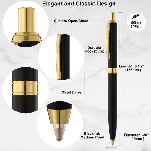 Miniatura 3 de LINFANC - 4 bolígrafos de paquete, bolígrafo de bola retráctil de metal premium, negro mate con ribete dorado, bolígrafo de punta media de 1.0mm