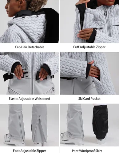 Miniatura 53 de GSOU SNOW Traje de esquí para mujer, traje de nieve delgado de una pieza, chaqueta de nieve, impermeable, resistente al viento, deportes al aire