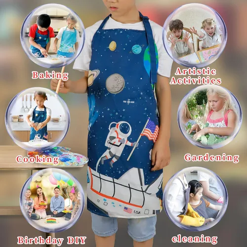 Miniatura 4 de Delantal para niños, delantal unisex con correa ajustable para el cuello, delantal de cocina para cocinar, pintar y hornear Azul oscuro