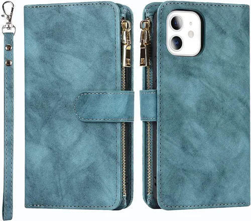 Miniatura 2 de Funda tipo cartera compatible con iPhone 11, piel sintética azul de 6.1 pulgadas, PC, funda delgada de TPU con 9 ranuras para tarjetas, bolsillo