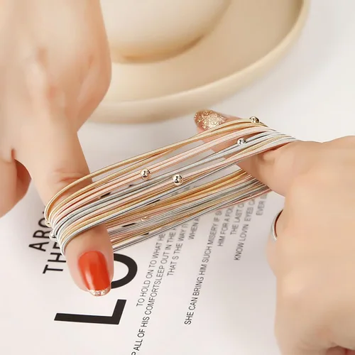 Miniatura 3 de YANCHUN 10 pulseras de cuerda de guitarra para mujer, pulseras de hilo en capas, pulseras elásticas plateadas, pulseras de oro, joyería