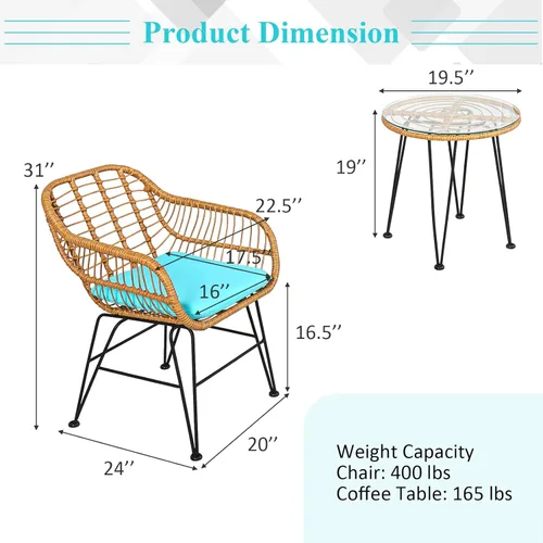 Miniatura 6 de KOTEK Juego de 3 piezas de patio bistró, juego de conversación de ratán para exteriores con mesa de centro de cristal y cojines de asiento, juego