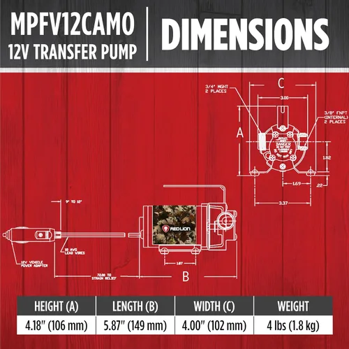 Miniatura 2 de Red Lion MPFV12CAMO 14942008 Bomba de transferencia multiusos no sumergible de 12 V, 300 GPH con adaptador de corriente para vehículo, camuflaje