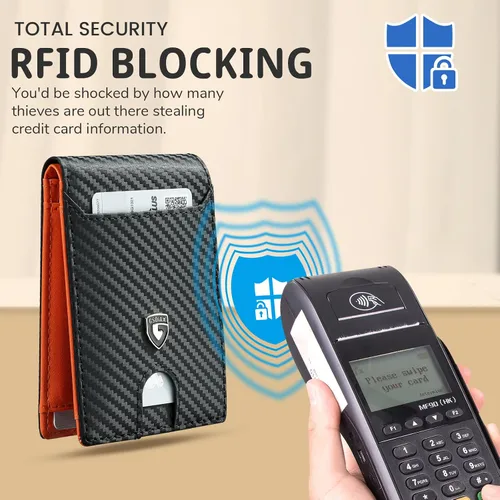 Miniatura 6 de GSOIAX Cartera delgada para hombre, con bloqueo RFID, billetera plegable de fibra de carbono, bolsillo frontal, con 11 tarjeteros, cartera