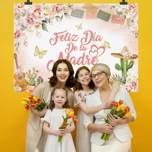 Miniatura 8 de MEHOFOND Fondo de feliz día de la madre, decoración mexicana para el Día de la Madre, fondo floral rosa para cabina de fotos, cartel de fiesta