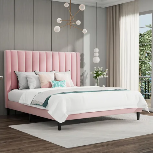 Miniatura 24 de SHA CERLIN - Base de cama tapizada de terciopelo tamaño completo con cabecero/Base de cama tapizada de plataforma con cabecero/Soporte de listones