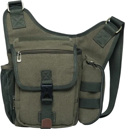 Bolso de mensajero de lona vintage para hombre, bolso de mensajero de retazos de cuero en el pecho 3-4-verde militar