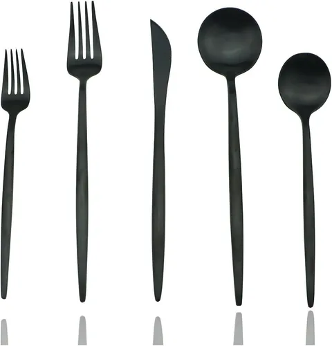 JASHII 18/10 mate negro cubiertos de acero inoxidable 5 piezas Set, cuchillo tenedor ensalada tenedor postre cuchara de la cena, servicio de 1, lujo
