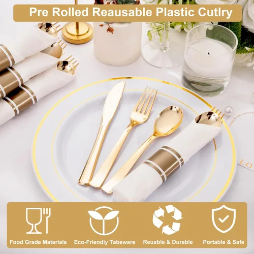 Miniatura 5 de Juego de cubiertos de plástico dorado pre-enrollados para 200 invitados - Cubiertos dorados de servicio pesado - Incluye paquete de 200 utensilios