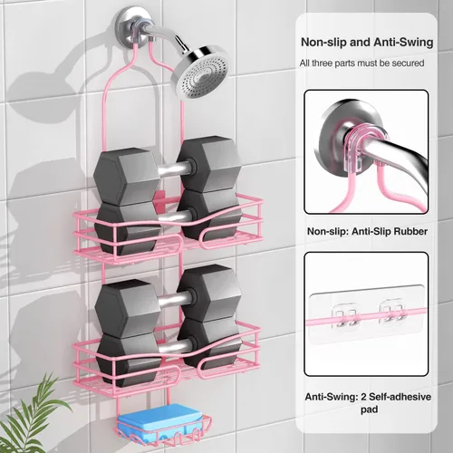 Miniatura 3 de DAOYA Over the Shower Head Caddy Pink - Organizador de ducha colgante con 3 soportes para jabón, organizador de baño de acero inoxidable