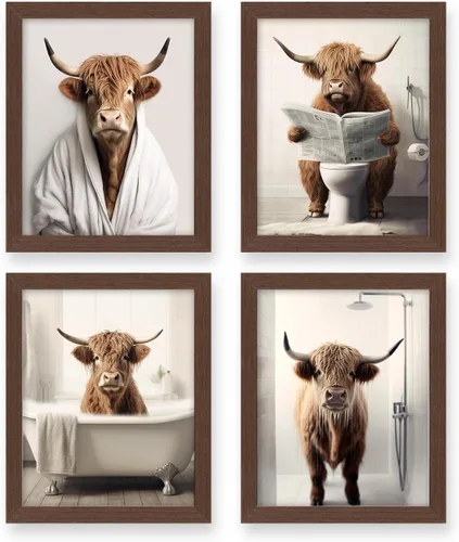 Miniatura 10 de heilkee Decoración de baño de vaca de las tierras altas en blanco y negro, divertido arte de pared de animales para baño, decoración moderna