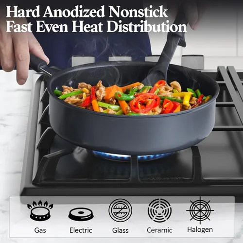 Miniatura 3 de Cook N Home Sartén antiadherente con tapa de 3 cuartos de galón de 9.5 pulgadas, sartenes anodizadas duras para saltear profundas, sartén de cocina