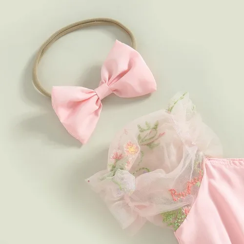 Miniatura 26 de Mameluco para bebés y niñas de 3, 6, 9, 12, 18 meses, enterizo de manga corta, fruncido, faldas y dobladillo, diadema