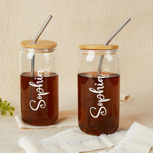 Vaso de vidrio personalizado con popote y pajita, taza de café helado con nombre, regalo de fiesta nupcial, lata de vidrio personalizada de 16