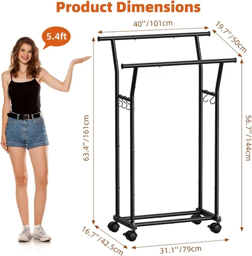 Miniatura 3 de Luxspire Perchero de doble barra para colgar ropa, perchero con ganchos laterales, estantes inferiores, ruedas de 360°, percheros para dormitorio