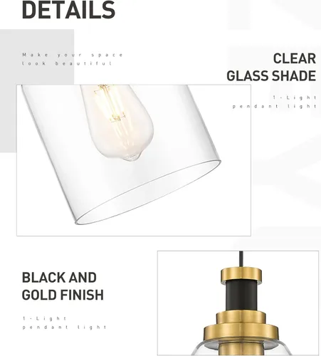 Miniatura 2 de Zeyu Lámpara Colgante Moderna de Oro, Lámpara Colgante de Vidrio de 1 Luz para Cocina y Comedor, Soporte de Vidrio Transparente, Acabado en Negro
