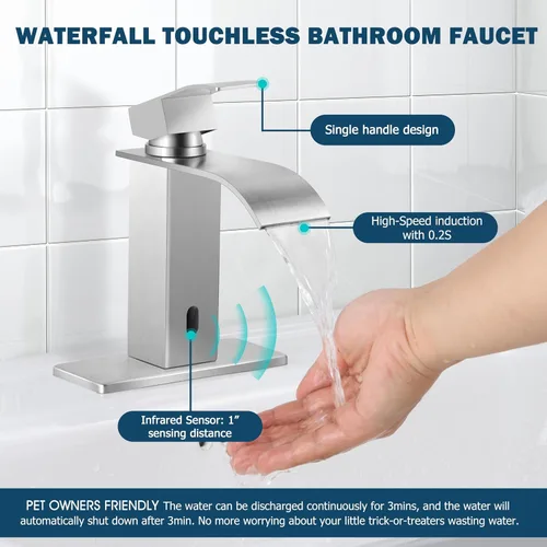 Miniatura 3 de Herogo Grifo de lavabo de baño sin contacto, sensor automático de níquel cepillado, cascada de acero inoxidable con drenaje desplegable de latón