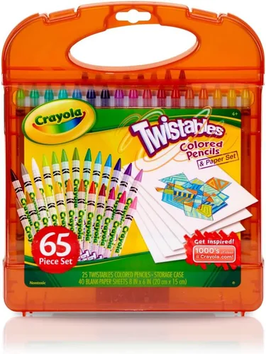 Crayola, kit de lápices de colores girables (25 unidades), herramientas de artes plásticas, 40 hojas de papel y estuche para guardar.