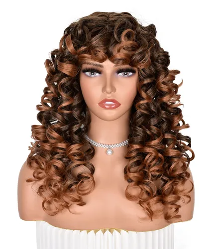 Miniatura 10 de ANNISOUL Pelucas rizadas marrones para mujeres negras, peluca afro larga con flequillo para mujeres, fibra sintética sin pegamento, pelo voluminoso
