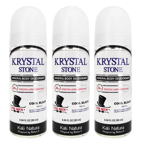 KRYSTAL STONE Desodorante para HOMBRES COOL BLACK Paquete de 3 unidades Roll On Potasio Alumbre con Mezclas de Aceites Esenciales (hoja de cedro,